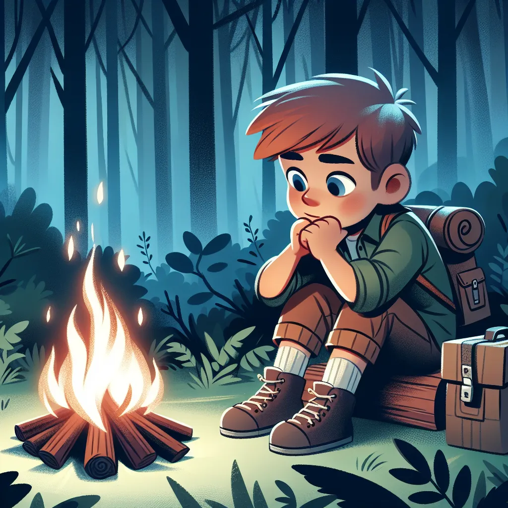 Illustration of a young boy sitting by a campfire in a forest, deep in thought, reflecting on a significant moment of personal growth and survival.