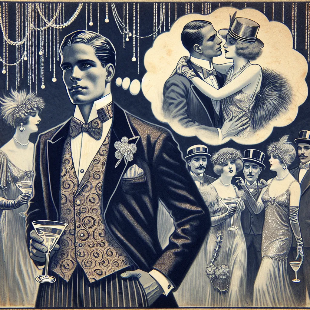 An artistic representation of a lavish party scene from the 1920s, with a figure resembling Gatsby in the foreground, showcasing wealth and opulence, symbolizing his desire to win Daisy's love.