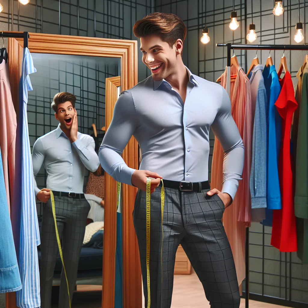 Image of a slender young man in a Victoria's Secret fitting room, wearing a stylish bustier, panties, and stockings, admiring his reflection in the mirror with a playful grin. The setting is decorated with colorful lingerie, and a surprised sales assistant stands nearby, holding a measuring tape.
