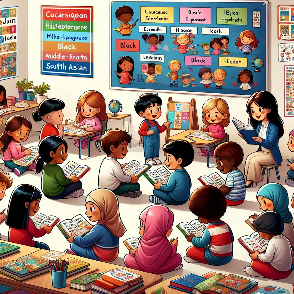 ### Short Description for Hypothetical Image

An illustration of a classroom setting where a diverse group of children are engaged in various literacy activities, including reading together, writing on a large whiteboard, and a teacher guiding them, with colorful posters about reading and writing on the walls.