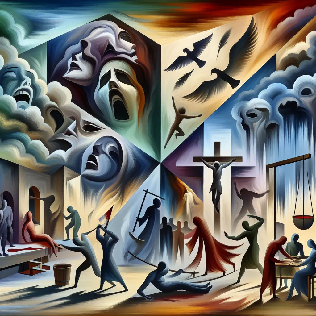 Drama, Sombra, Violencia, Sacrificio, Revelación in an abstract style