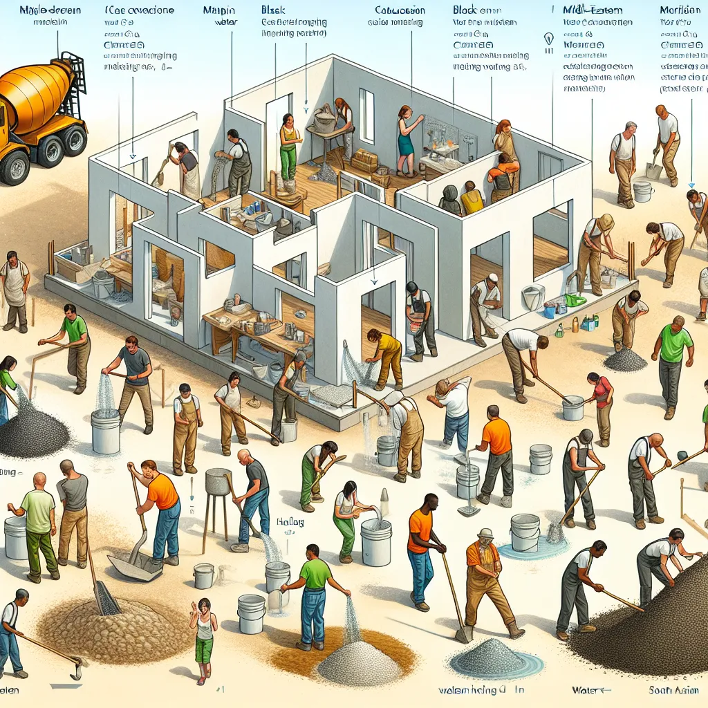 Illustration of a construction site with workers using water in various activities such as mixing cement, visualizing the amount of water used in building a five-room house.