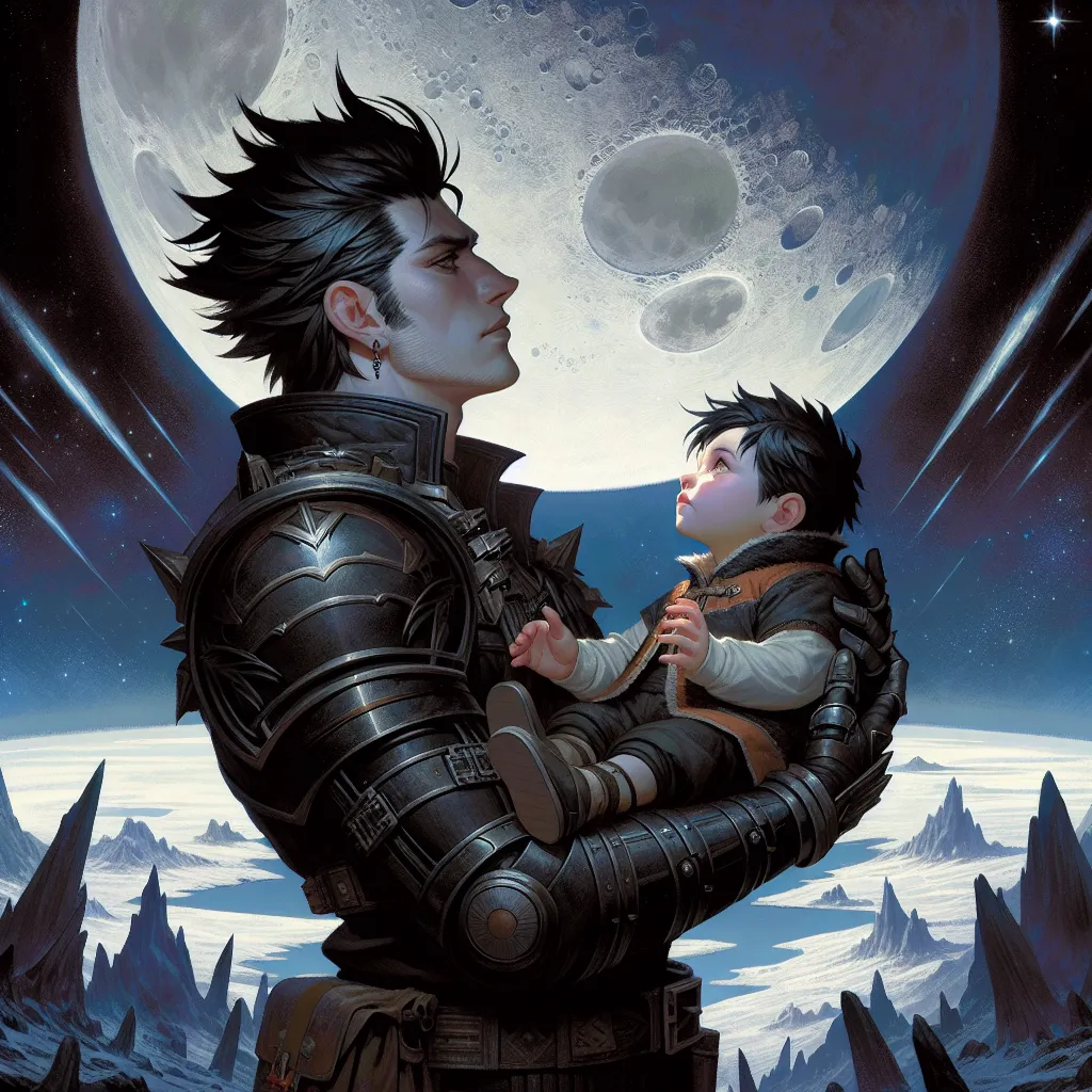 Ilustración épica de Turles, el sayayin malvado, vistiendo armadura militar, sosteniendo a su hijo humano en un paisaje lunar. El niño, con una mirada compasiva, refleja paz y ternura, mientras Turles observa con una mezcla de amor posesivo y ambición. Al fondo, un cielo estrellado y una Tierra dominada por él, simbolizando la lucha entre el poder y el amor paternal.