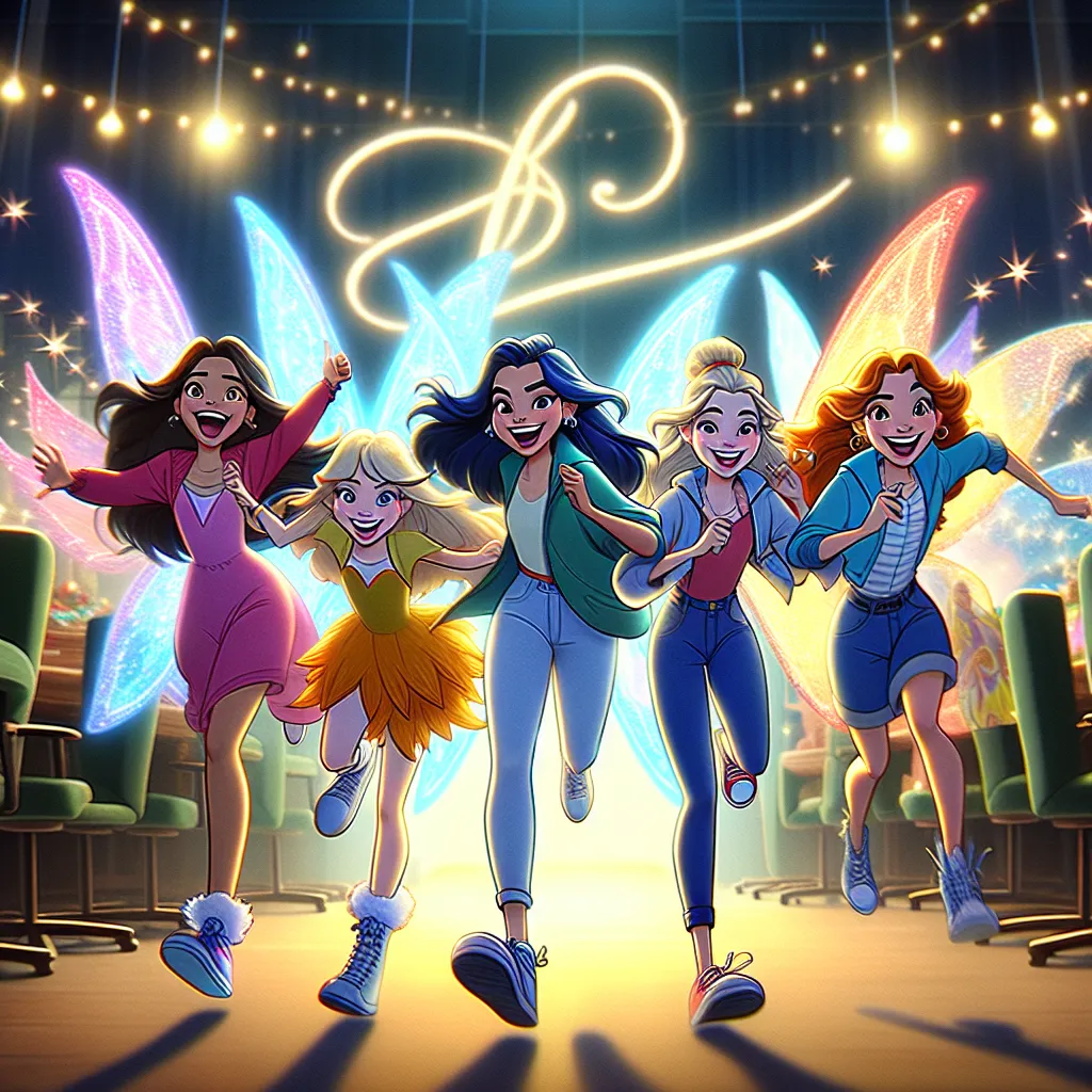 A vibrant illustration of the main Winx Club characters—Bloom, Stella, Flora, Musa, Tecna, and Aisha—running joyfully from a studio, their colorful outfits flowing behind them. They’re smiling and exchanging excited looks, with hints of their magical powers glowing around them, set against a backdrop of sparkles and the iconic Winx logo. The scene captures their sense of freedom and anticipation for the new adventures ahead in the reboot.