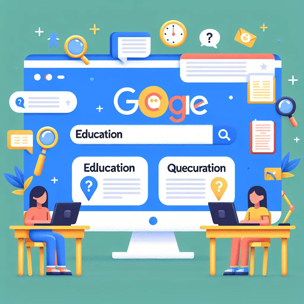 Illustration of a computer screen displaying Google Search Console, highlighting the Education Q&A Search Appearance feature with educational content and question-answer snippets.