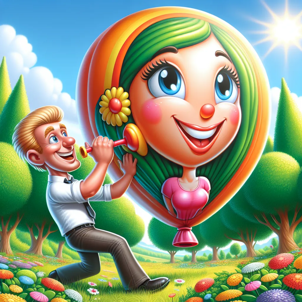 Image of a whimsical cartoon man happily inflating a large, colorful balloon figure representing his wife, with a playful background of a sunny park.