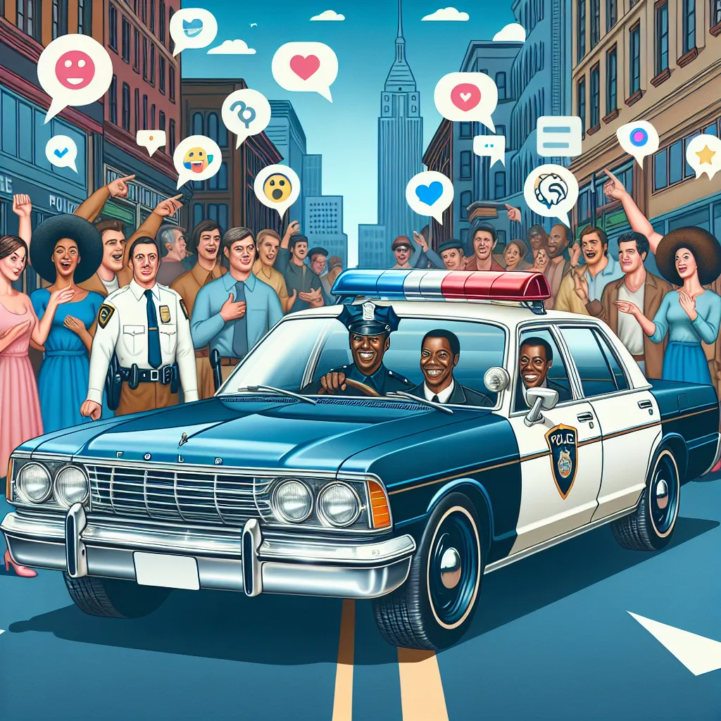 An illustration depicting a classic Ford Crown Victoria police car cruising down a city street, with officers inside looking nostalgic and happy, surrounded by images of the new vehicle launch and social media buzz in the background.