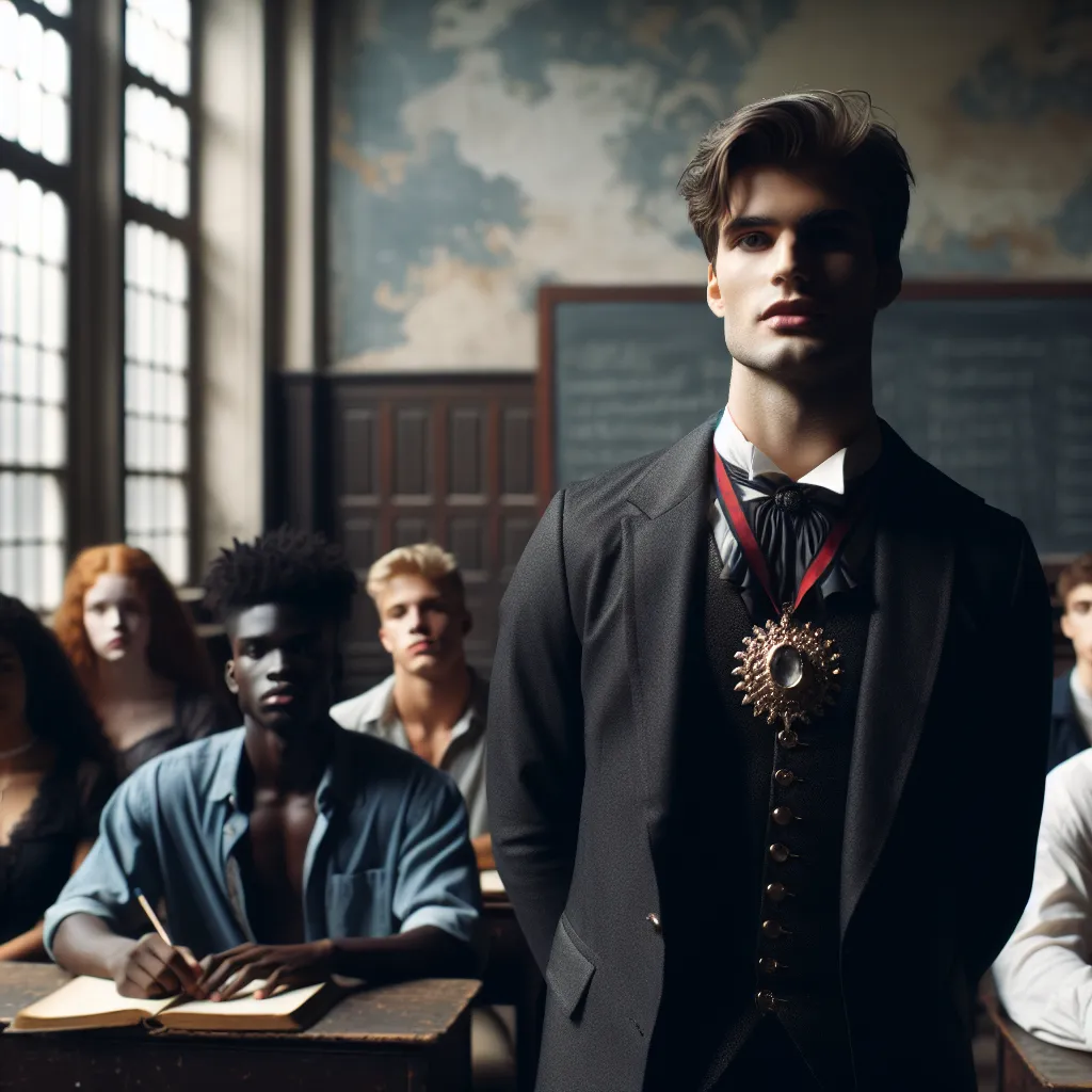 Descripción de la imagen: En un aula antigua y sombría, un vampiro juvenil y apuesto, vestido de forma elegante, se encuentra frente a una pizarra mientras los estudiantes a su alrededor lo miran con asombro y respeto. Su medallón brillante destaca notablemente en su pecho, captando la luz del día que entra por las ventanas altas.