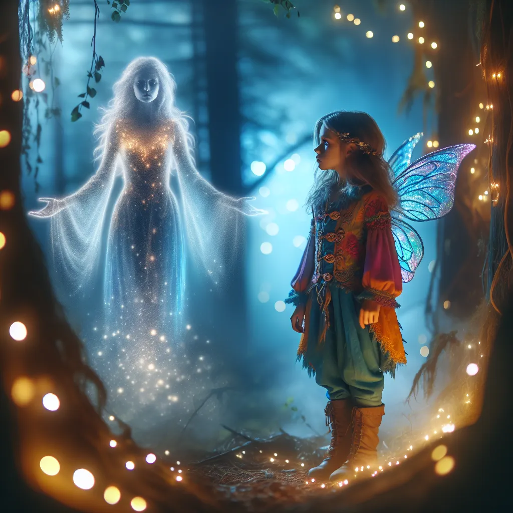 **Photo Description:** A magical, ethereal scene depicting a young girl in a mystical forest, surrounded by shimmering lights. She stands before a translucent apparition of her mother, both looking emotional. The girl, dressed in a vibrant Enchantix outfit, appears determined yet sad, showcasing the moment of their heartfelt dialogue, capturing the bittersweet nature of their reunion.