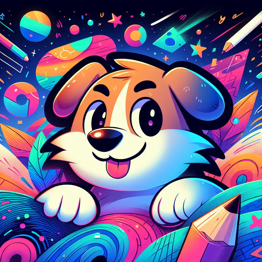 Vibrant digital illustration of a friendly cartoon dog named Sam, wearing a playful expression, surrounded by colorful Scratch logo elements and a starry background, representing his creative online presence.