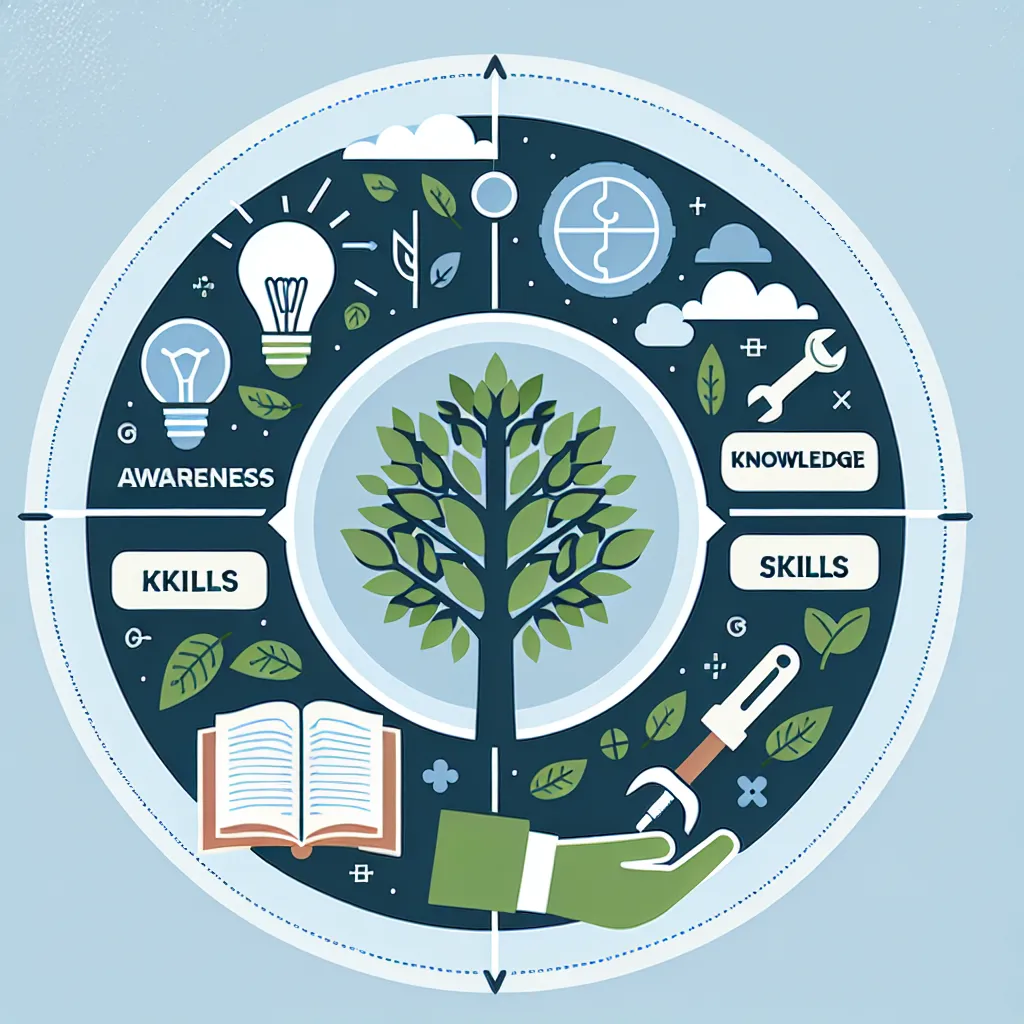 Infographic illustrating the four major components of environmental education: Awareness, Knowledge, Skills, and Action, with icons representing each element.