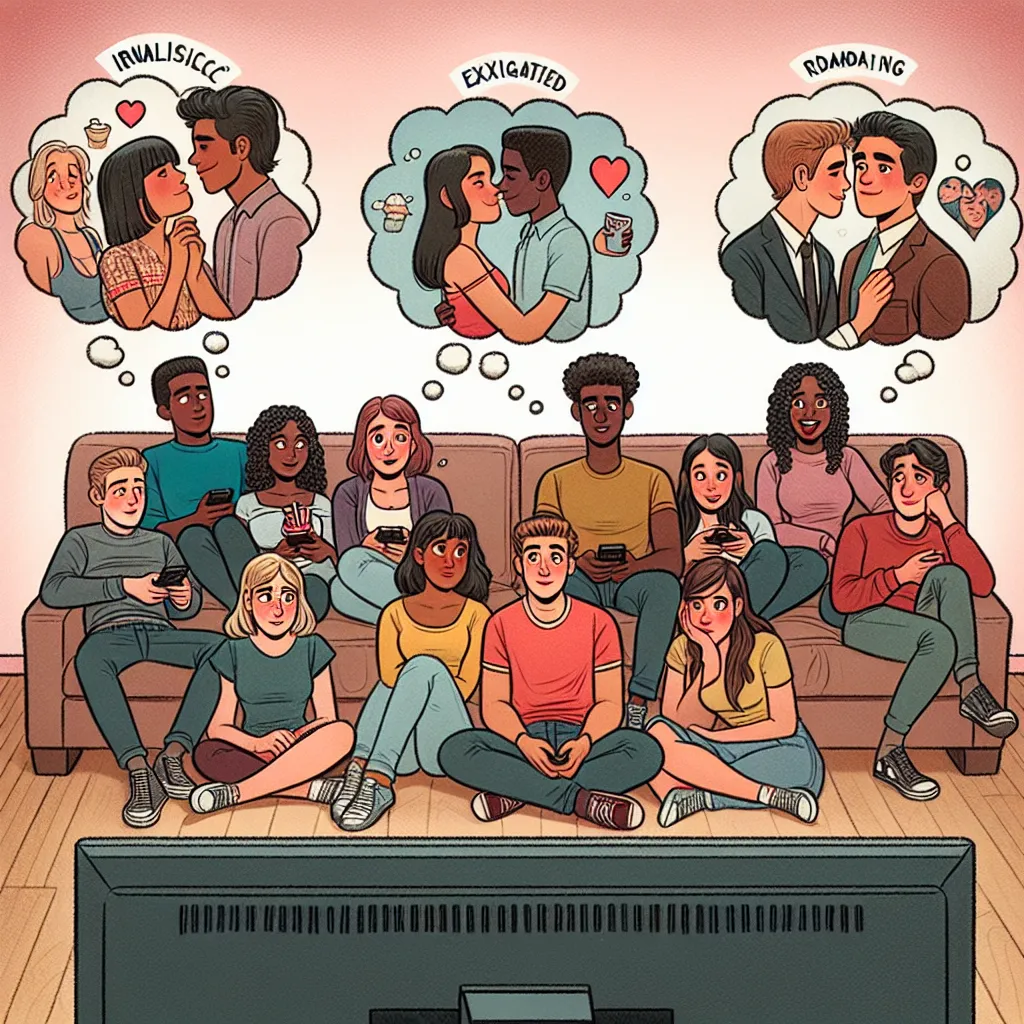 **Image Description:** An illustrated scene showing a group of teens watching a romantic movie together, with thought bubbles displaying exaggerated, unrealistic dating scenarios compared to their real-life experiences.