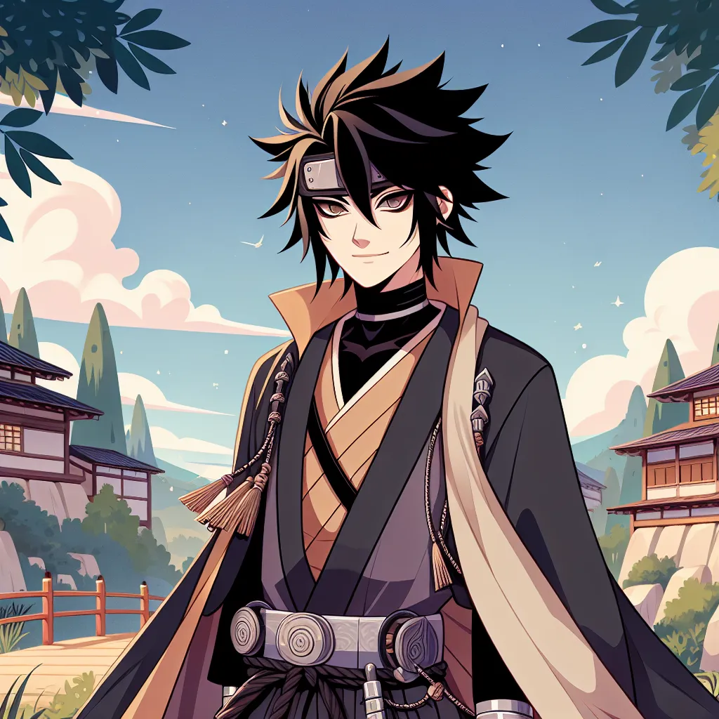 Ilustrasi karakter Sasuke yang mengenakan pakaian ala Mei Terumi, lengkap dengan jubah, gaun, dan aksesori unik, dengan latar belakang desa Konoha yang indah.