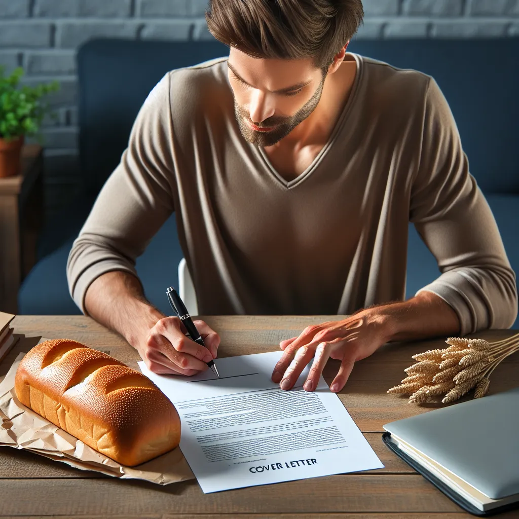 Image of a person writing a cover letter at a desk, with a loaf of bread and a job application on the side, conveying a sense of earnestness and ambition.