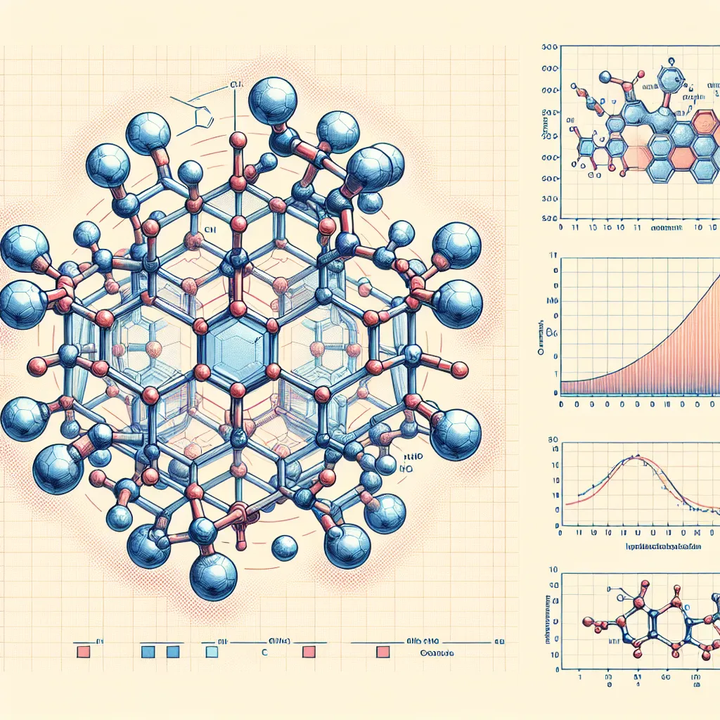 Illustration of a molecular structure of cyclohexanone with highlighted functional groups and analysis graphs.