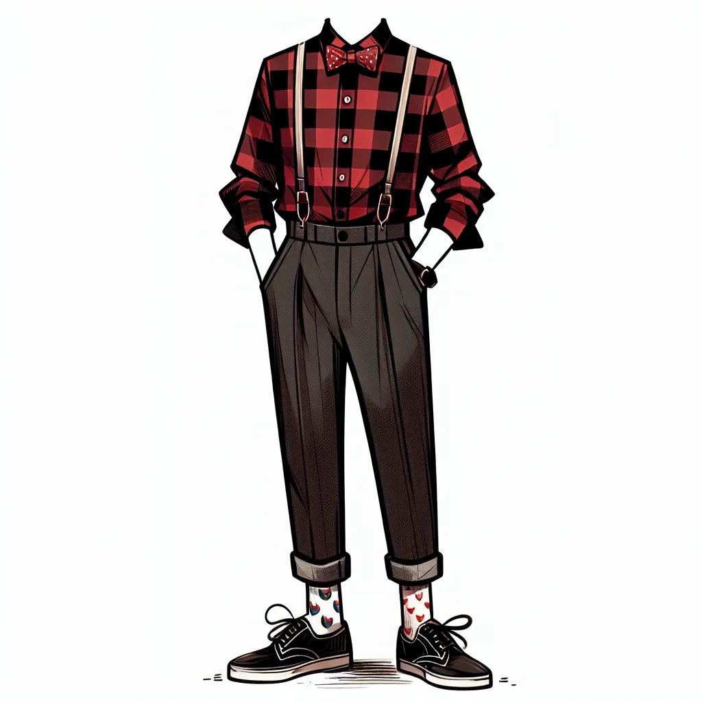 Illustration of a person in a casual outfit inspired by Alastor, featuring a stylish red and black checkered shirt, relaxed-fit trousers, and quirky accessories like a vintage-inspired bow tie and fun socks.