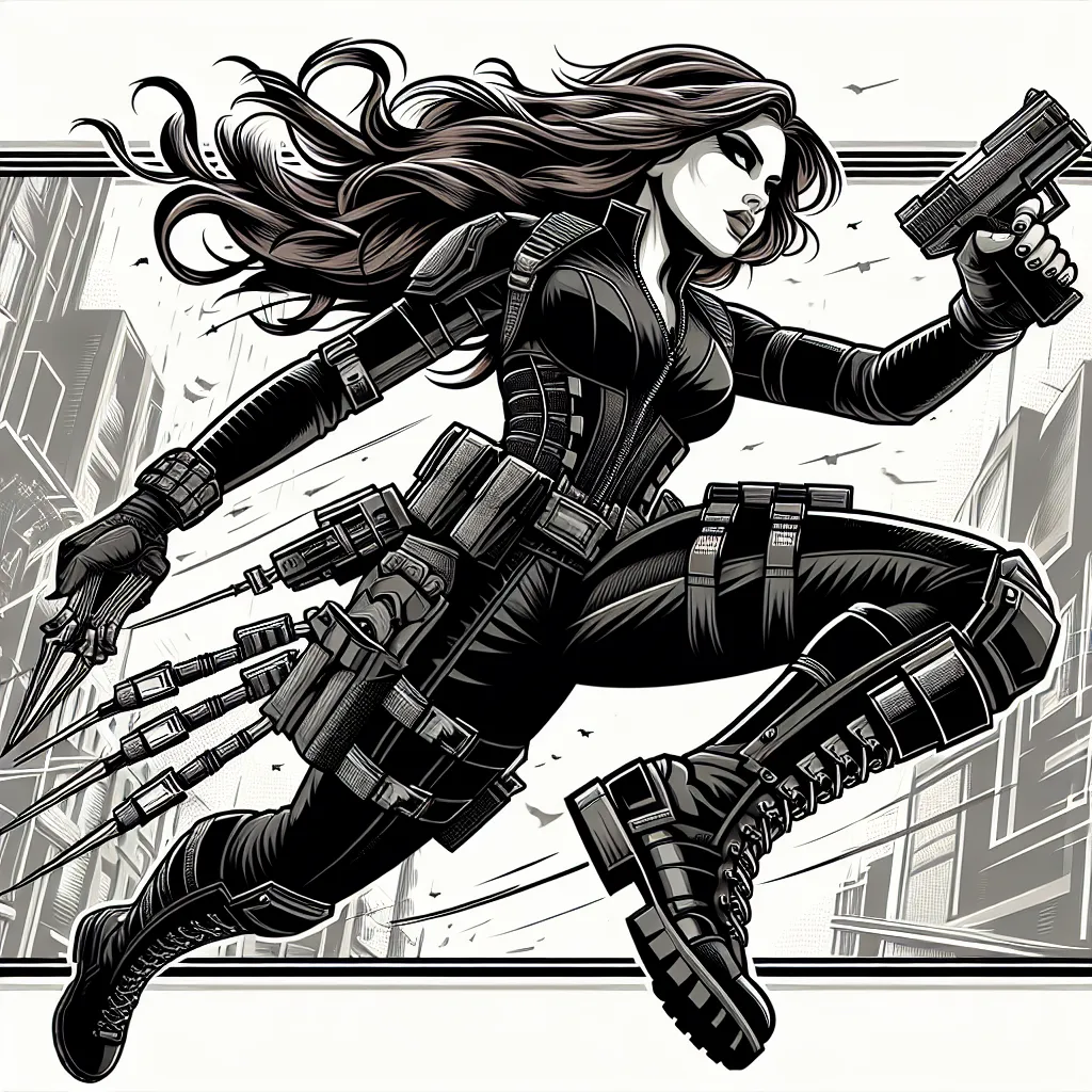 Detailed artistic representation of Laura Kinney (X-23) showcasing her combat gear, including her signature black bodysuit, utility belt, and sleek combat boots, alongside her iconic retractable claws, in a dynamic action pose amidst a stylized urban backdrop.