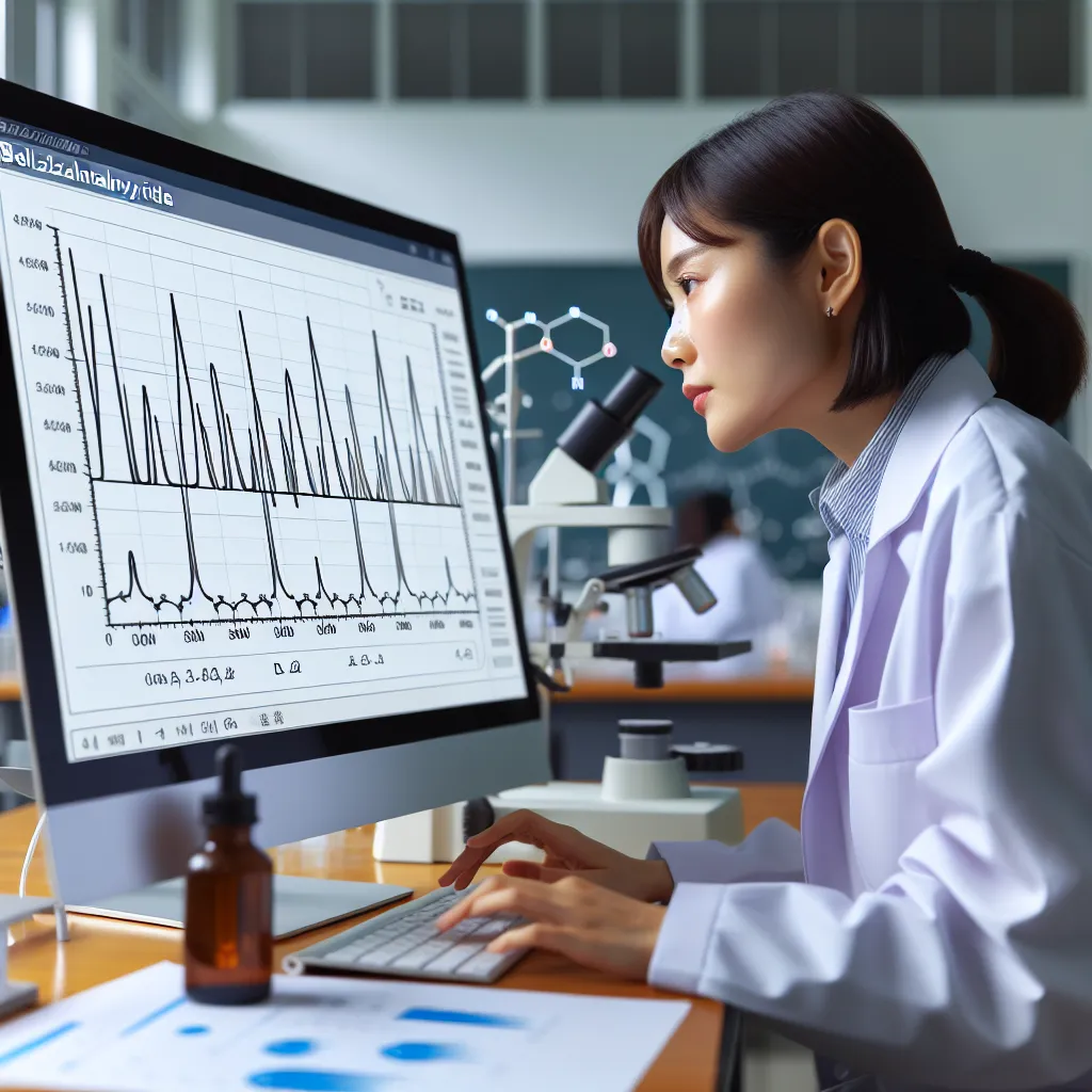 Image of a scientist examining a graph displaying the infrared spectroscopy results of Belzalhydride on a computer screen in a laboratory.