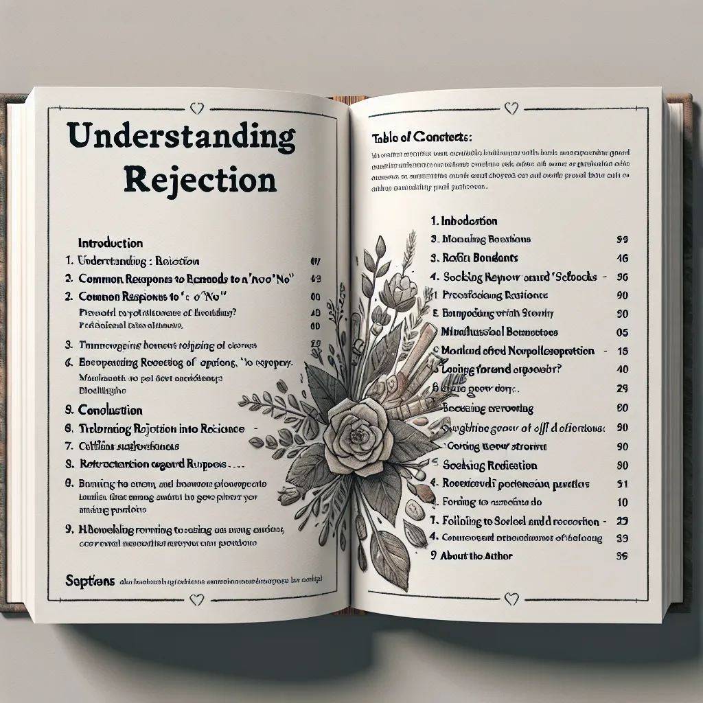 **Table of Contents**  

**Introduction**  
1. Understanding Rejection  
   - 1.1 The Nature of Rejection  
   - 1.2 Common Responses to 'No'  

2. The Importance of Acceptance  
   - 2.1 Embracing 'No'  
   - 2.2 Lessons in Resilience  

3. Rejection in Various Contexts  
   - 3.1 Personal Relationships  
   - 3.2 Professional Boundaries  
   - 3.3 Creative Pursuits  

4. Strategies for Coping with Rejection  
   - 4.1 Building Emotional Strength  
   - 4.2 Mindfulness and Self-Compassion  
   