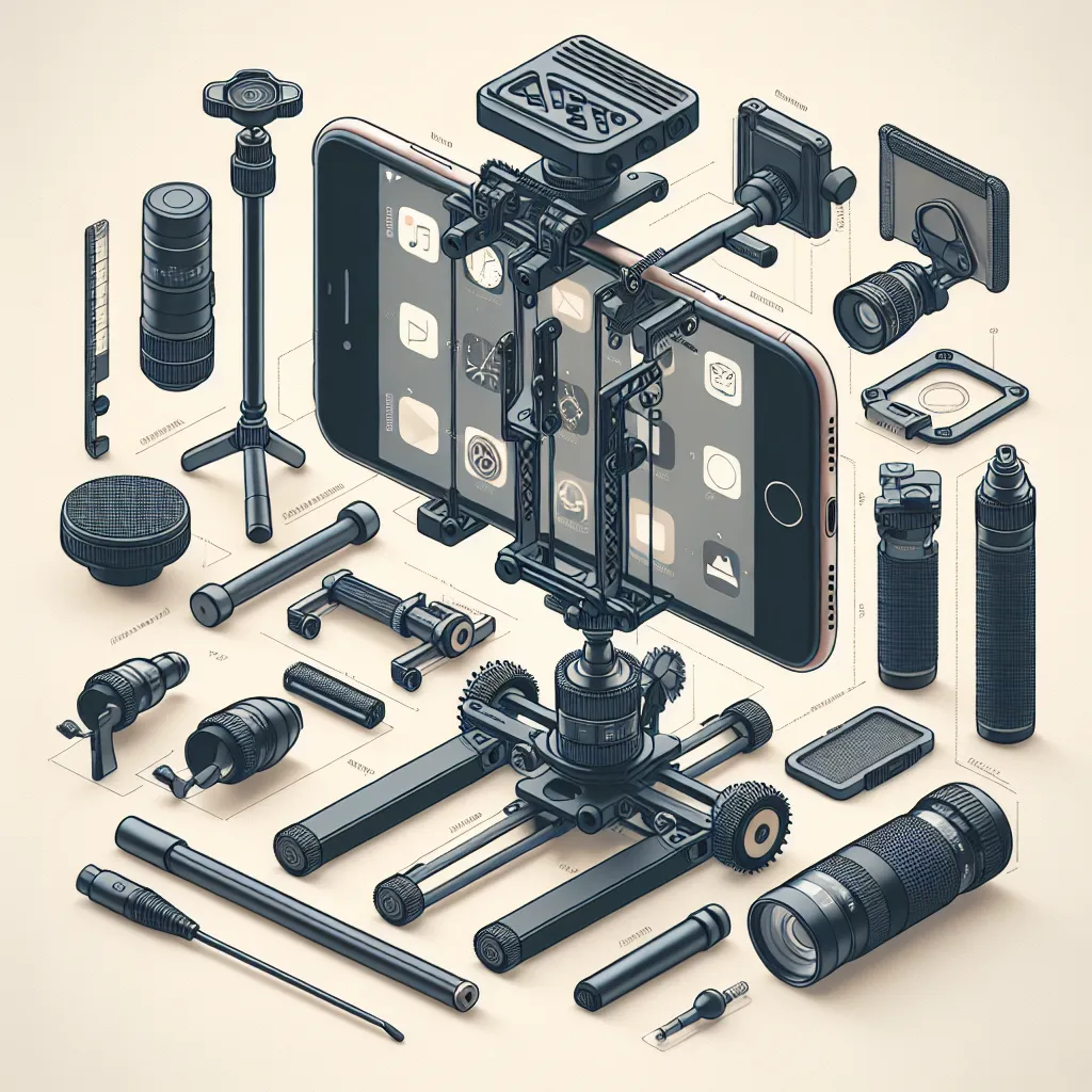 Illustration of a versatile camera rig setup for an iPhone featuring stabilizer, tripod, and external microphone.