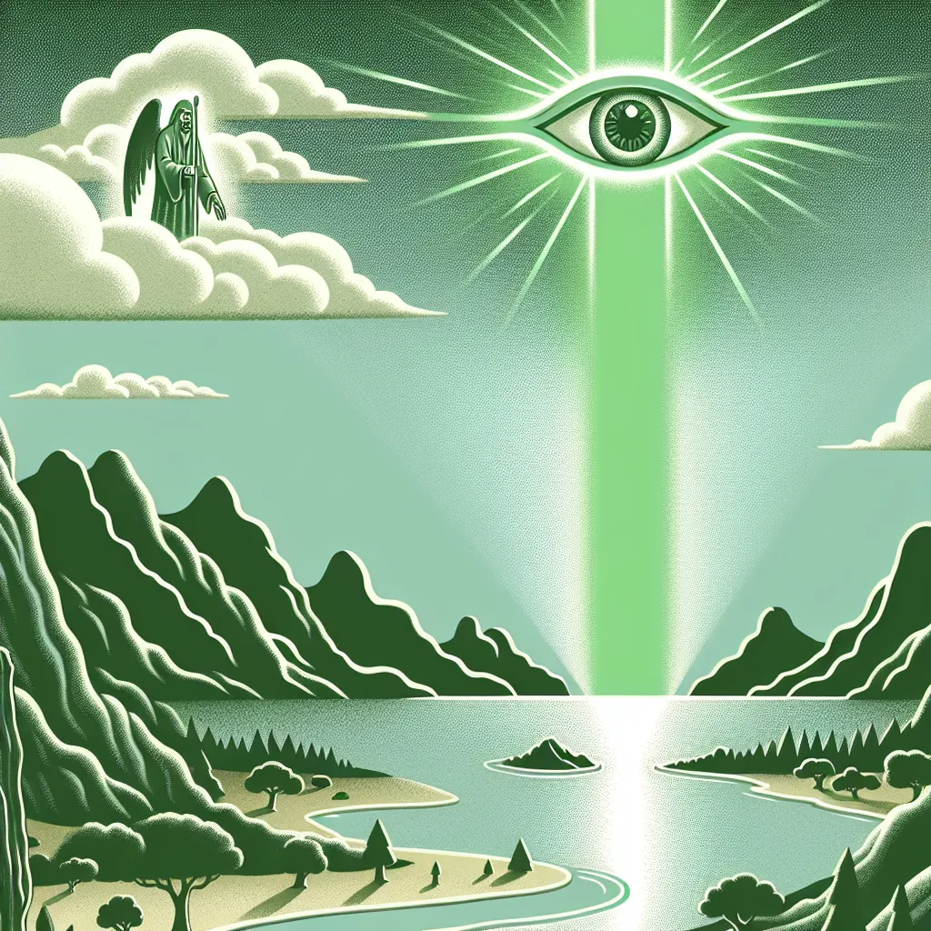 Illustration depicting the green light across a bay, the eyes of Doctor T.J. Eckleburg looming in the background, and a desolate landscape representing the Valley of Ashes, with subtle details reflecting their symbolic meanings.