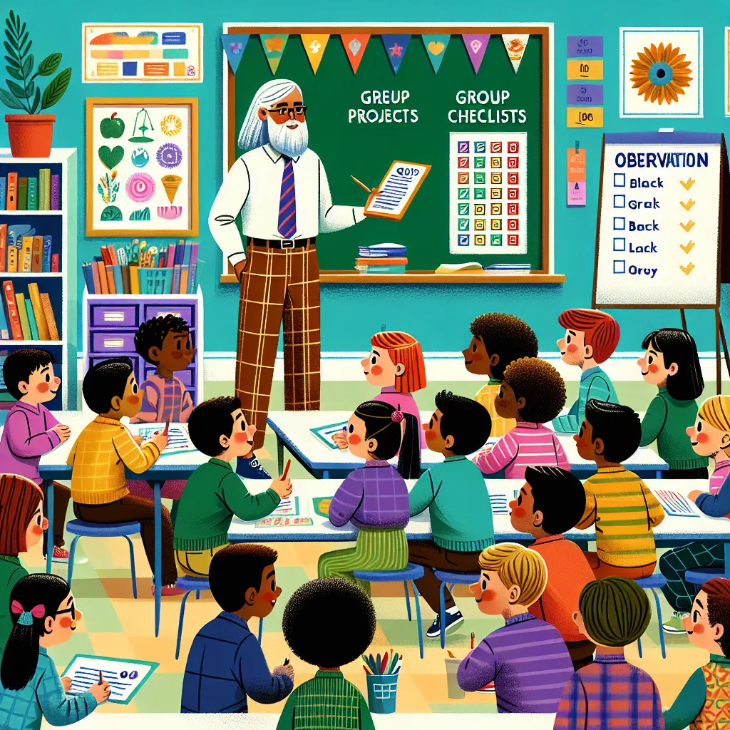 Illustration of a classroom setting with a teacher reviewing diverse assessment tools, including quizzes, group projects, and observation checklists, while engaging with enthusiastic third-grade students.
