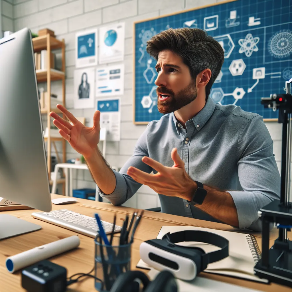 Photo of a teacher sitting at a computer, conducting an online class, surrounded by educational technology tools.