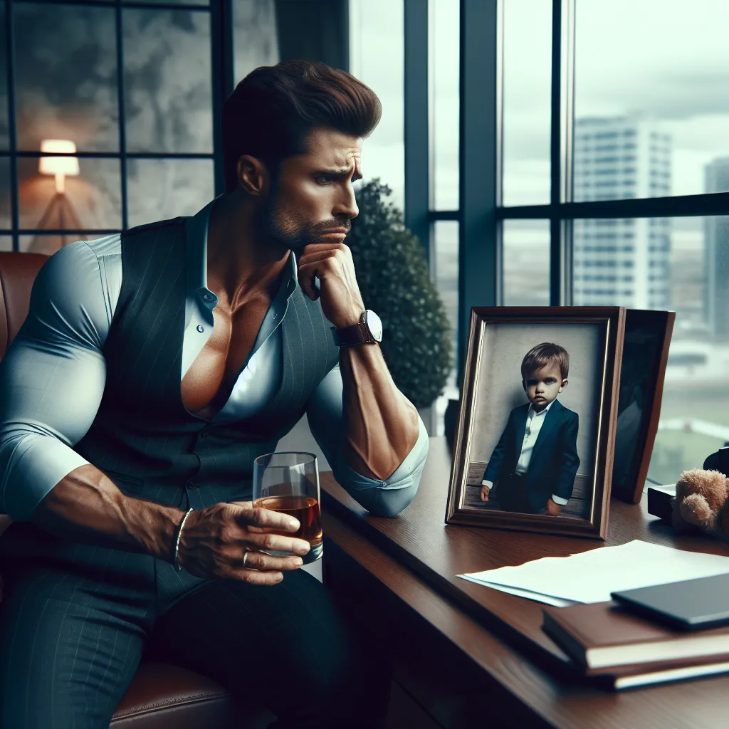 Imagen de un hombre musculoso y elegante sentado solo en su oficina lujosa, mirando pensativamente por la ventana mientras sostiene una copa de vino, con una foto de su hijo en la mesa, simbolizando su lucha interna y la pérdida de conexión familiar.