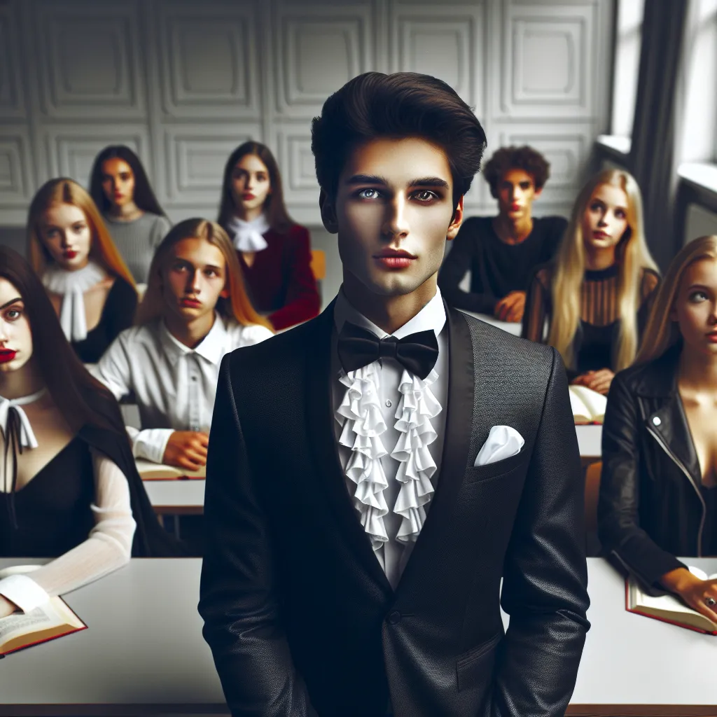 Imagen conceptual de un vampiro joven y apuesto en un aula de clase moderna, rodeado por adolescentes elegantes, creando una atmósfera de misterio y admiración.