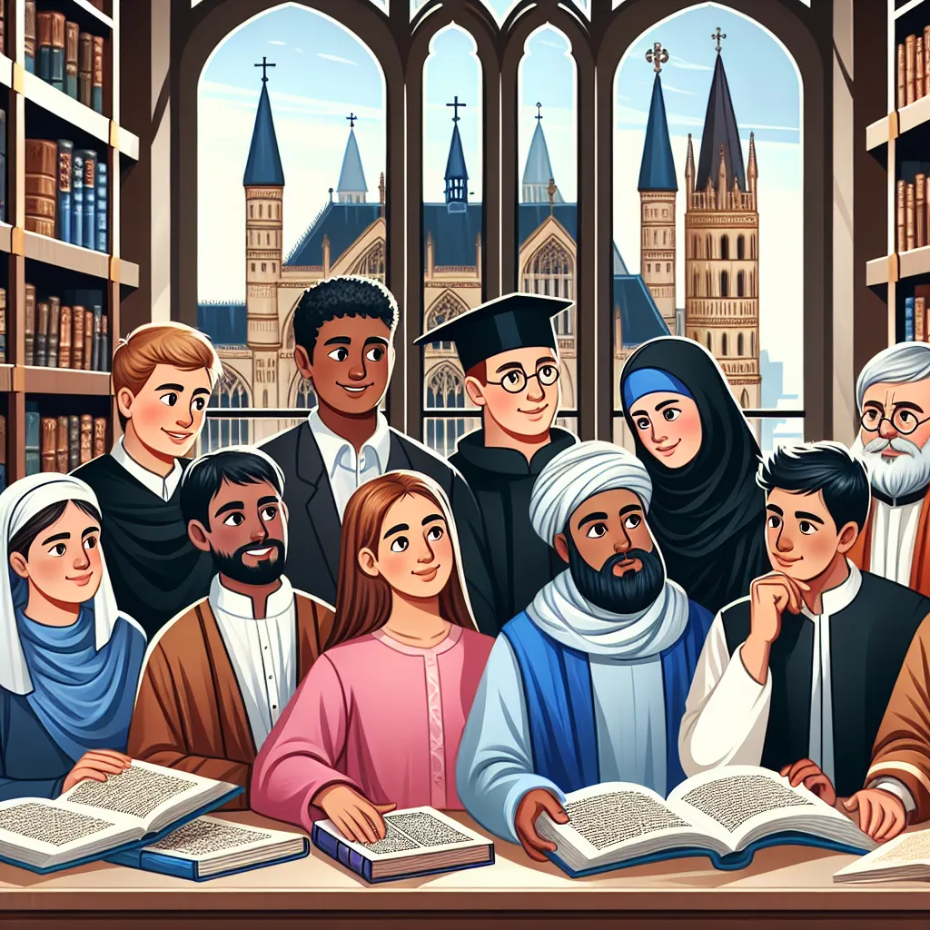 Illustration of a group of diverse scholars studying ancient texts in a library, with a historic church visible in the background.