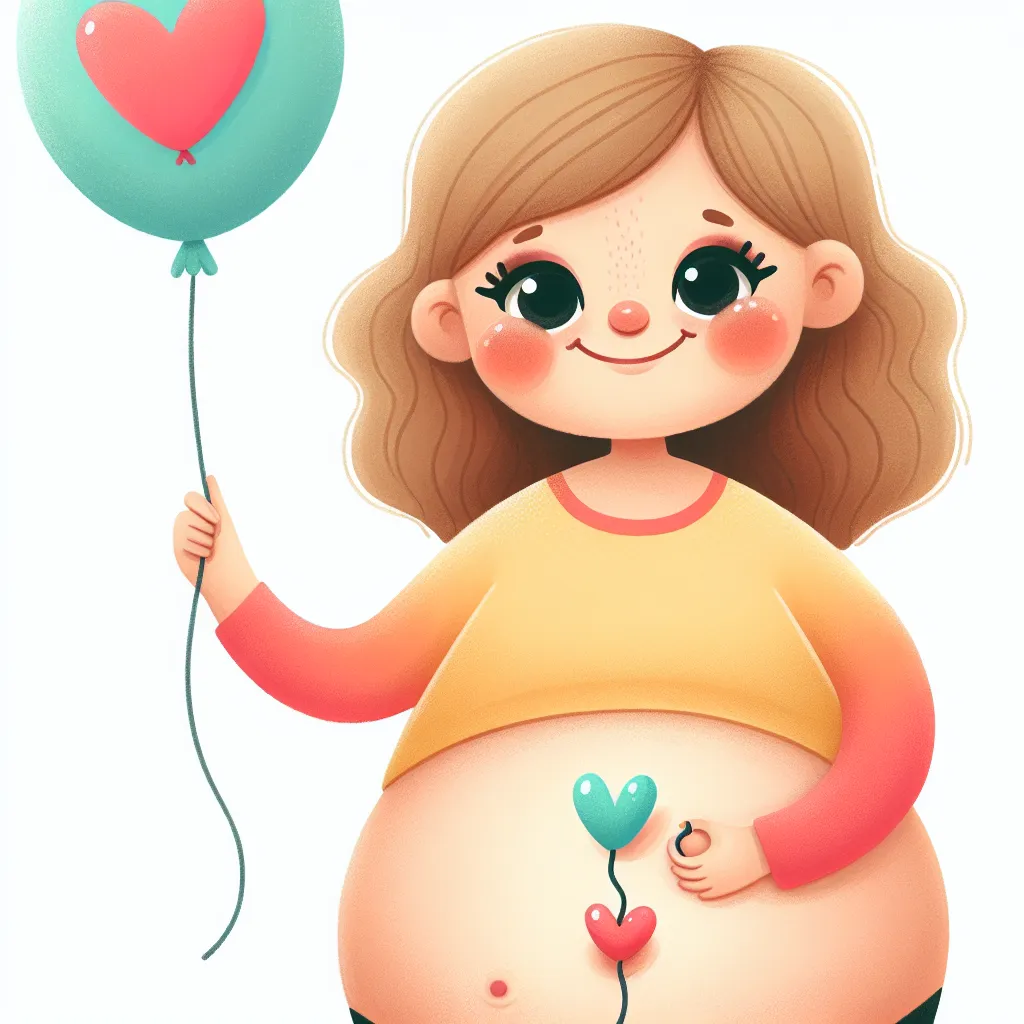 Whimsical illustration of a girl with a round, balloon-like stomach, smiling as she holds a colorful balloon shaped like a heart, with a tiny balloon for a belly button.