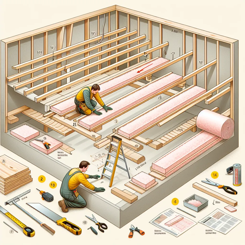 Illustration showing a cross-section of a ceiling being insulated with fiberglass batts, highlighting the steps of measuring, cutting, and installing the insulation between joists.