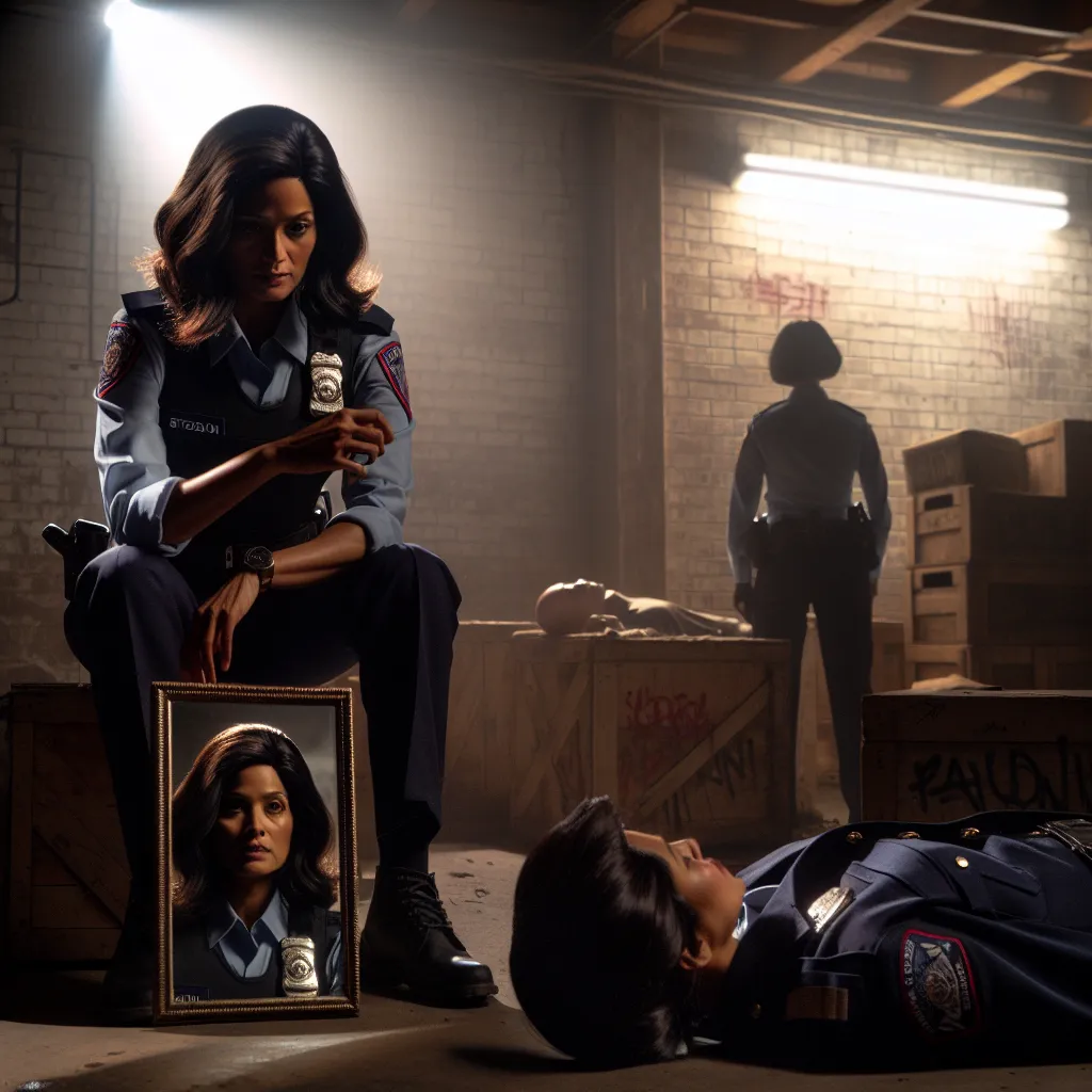 **Title: A Clever Disguise**

*Scene: Abandoned Warehouse*

**Monica Stevenson:** (whispering to herself) Alright, Monica, this is it. If you want freedom, you need to blend in. 

*Monica spots Officer Lucy Chen patrolling nearby. She watches closely, her mind racing with a plan.*

**Monica:** (muttering) Just a quick surprise and a change… 

*Monica suddenly rushes towards Lucy, catching her off-guard.*

**Lucy Chen:** (startled) Hey! What the— 

*Monica delivers a swift, unexpected blow, and L