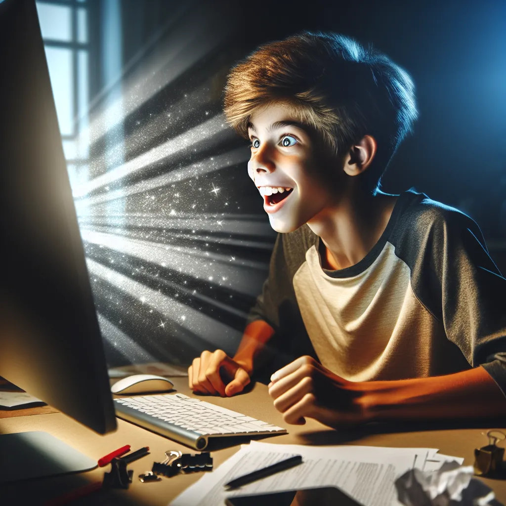 Photo of a teenage boy looking excitedly at his computer screen, reflecting creative ideas and success.