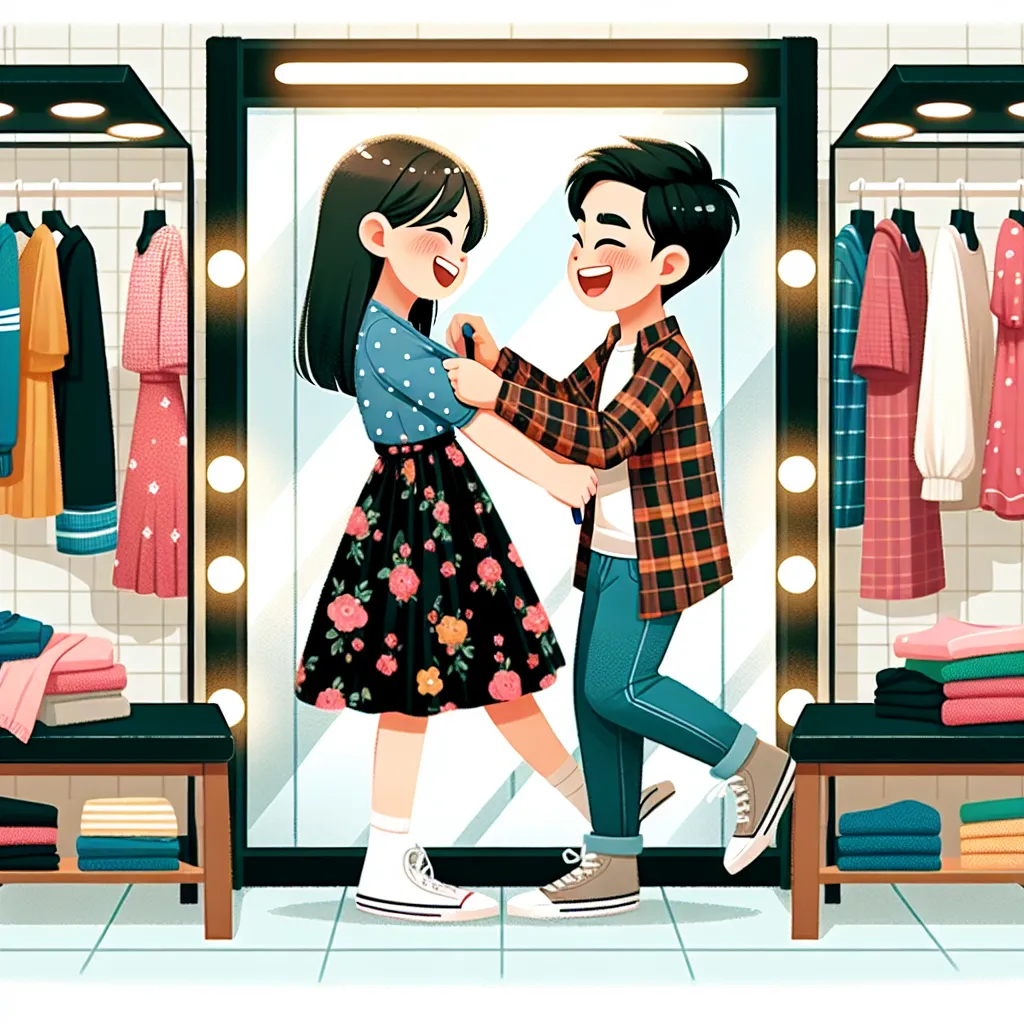 Illustration of a teenage boy and girl swapping clothes in a department store changing room, both laughing and trying on each other's outfits.