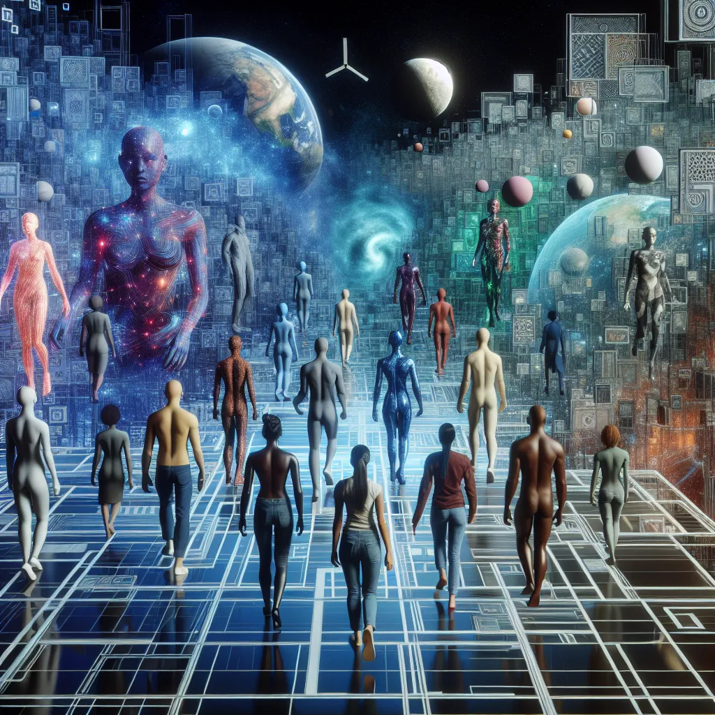 A surreal digital landscape depicting multiple realities, featuring a diverse group of humanoid figures exploring complex virtual environments, symbolizing themes of consciousness and identity from "Permutation City" by Greg Egan.