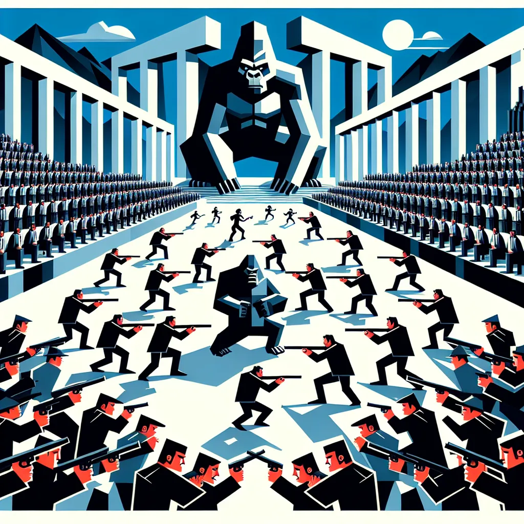 A dramatic scene depicting 100 unarmed men in a tense standoff against a powerful gorilla in an arena resembling Squid Game, with intense expressions and a striking backdrop.