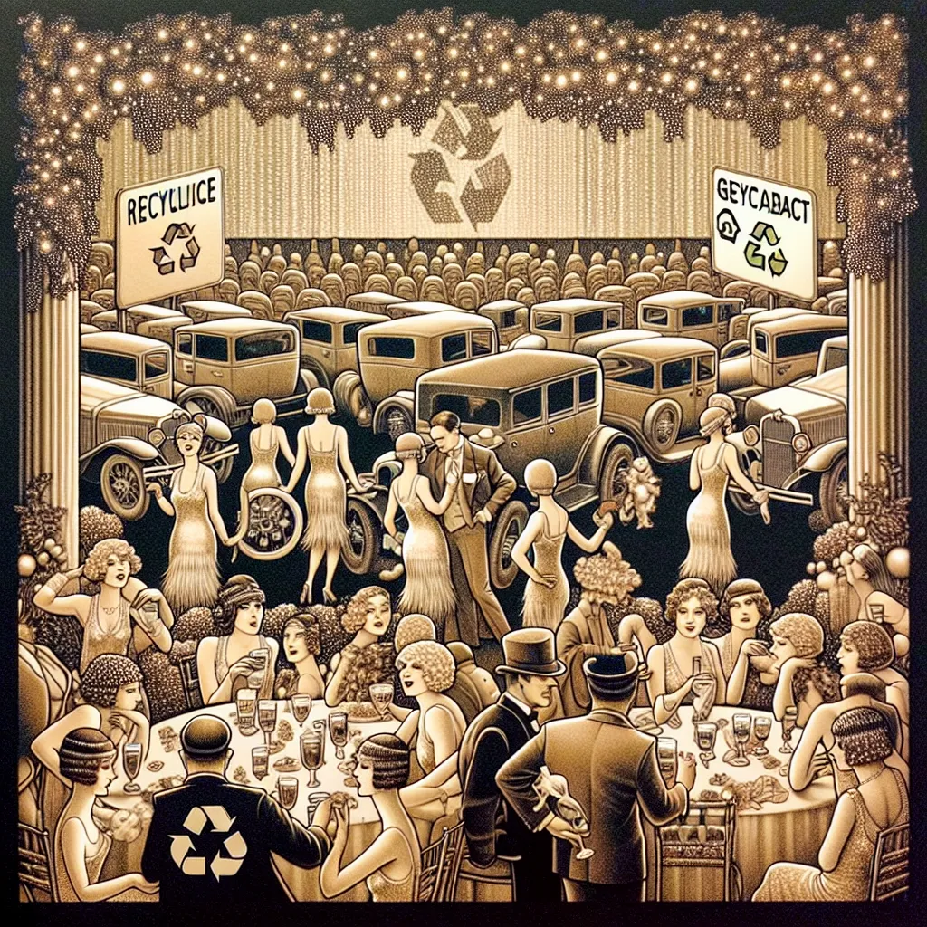 Illustration of a grand 1920s party scene with opulent decorations, flapper dresses, and vintage cars, symbolizing consumerism and excess, set against a backdrop of modern environmental elements like recycling symbols and sustainability signs.