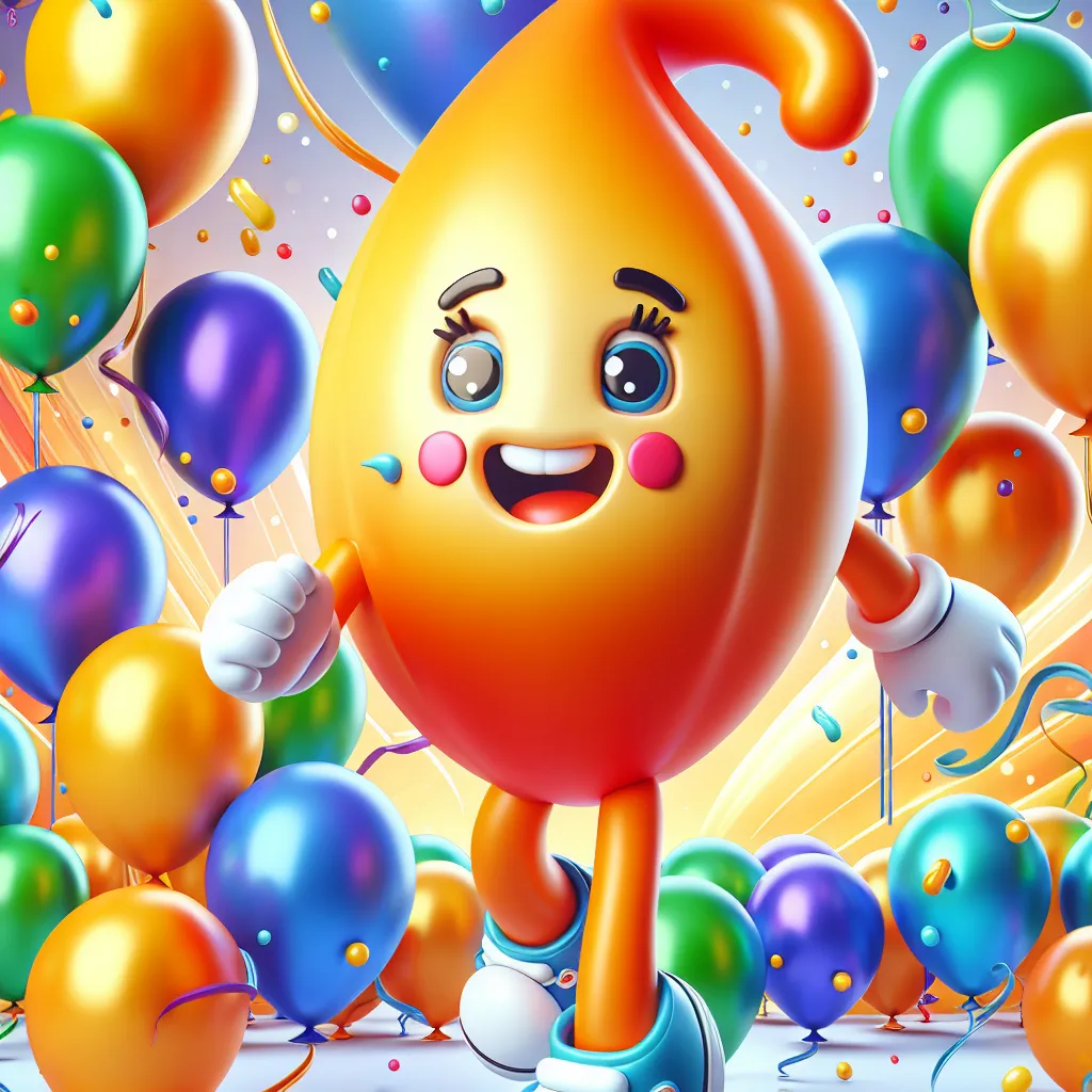 A whimsical illustration of a cartoonish, inflatable character with a playful expression, surrounded by colorful balloons and a cheerful background.