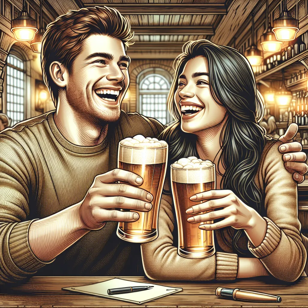 Photo of a young man and woman laughing and clinking glasses in a cozy pub.