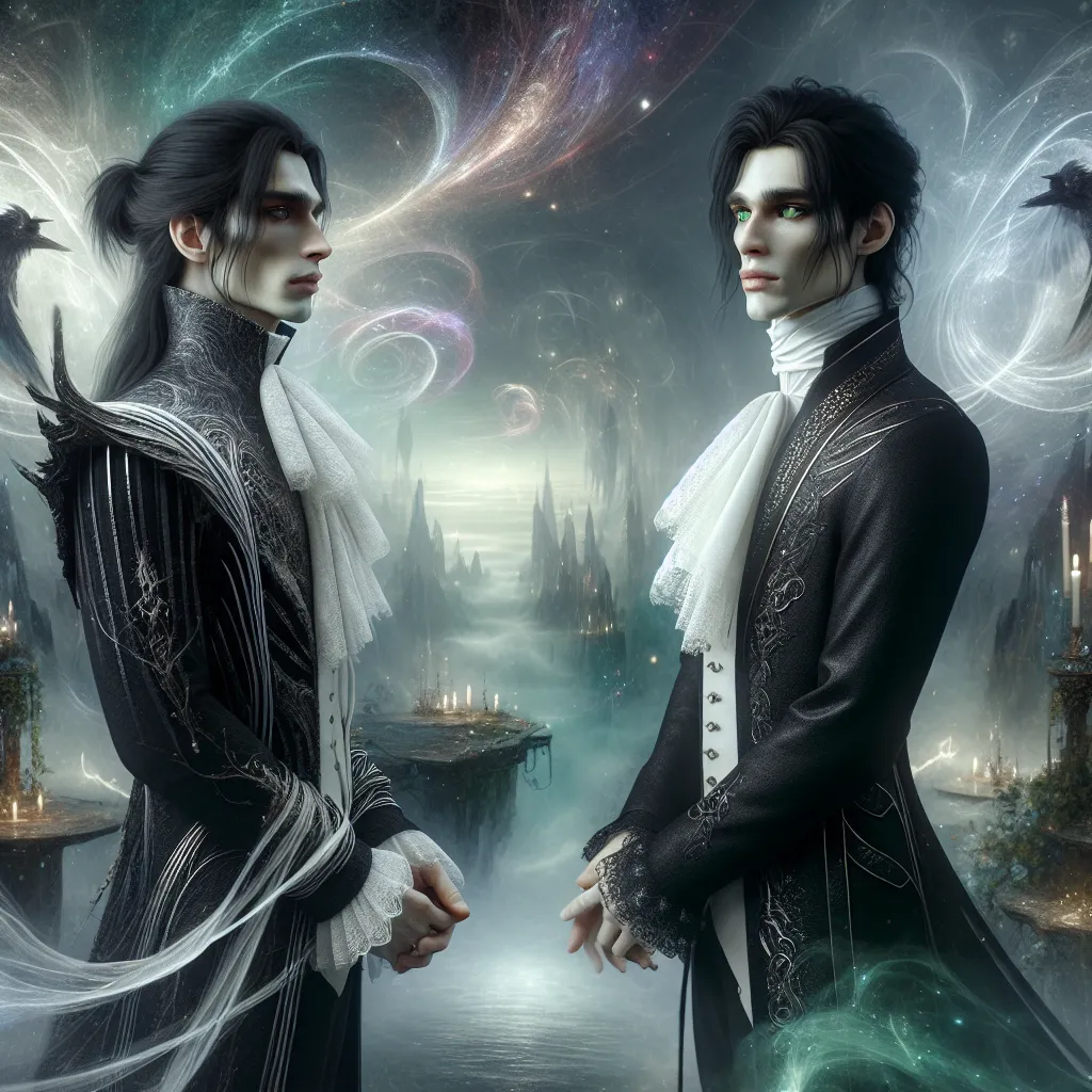 An imaginative scene depicting Byakuya Kuchiki and Ulquiorra Cifer standing face-to-face, surrounded by a mystical atmosphere, with contrasting expressions of stoicism and intensity, highlighting their mutual respect and underlying tension.