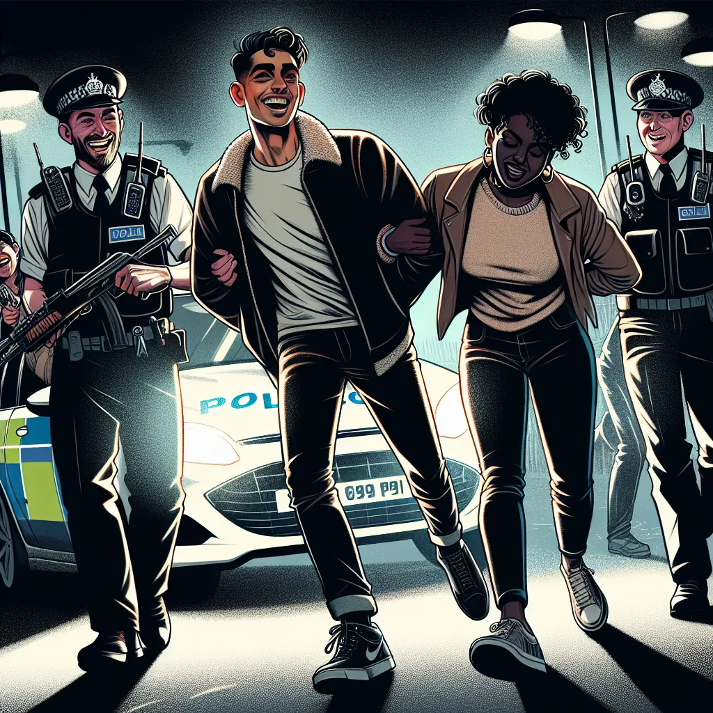 **Title: A Clear Defense**

**Scene: In a dimly lit car park, with two friends, Alex and Jamie, being led by three officers.**

**Officer Smith:** (grinning) “You really think you can talk your way out of this one, huh?”

**Alex:** “We didn’t do anything wrong! You’re making a huge mistake!”

**Officer Davis:** “Save it for the judge. You’ll have plenty of time there.”

**(As they reach the police car, Jamie discreetly slips a canister inside.)**

---

**Scene: Inside the police car.**

**Office