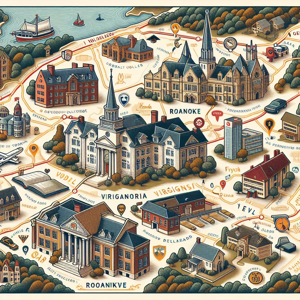 Image of a map highlighting colleges and universities within 94 miles of Roanoke, Virginia, with labels for each institution.