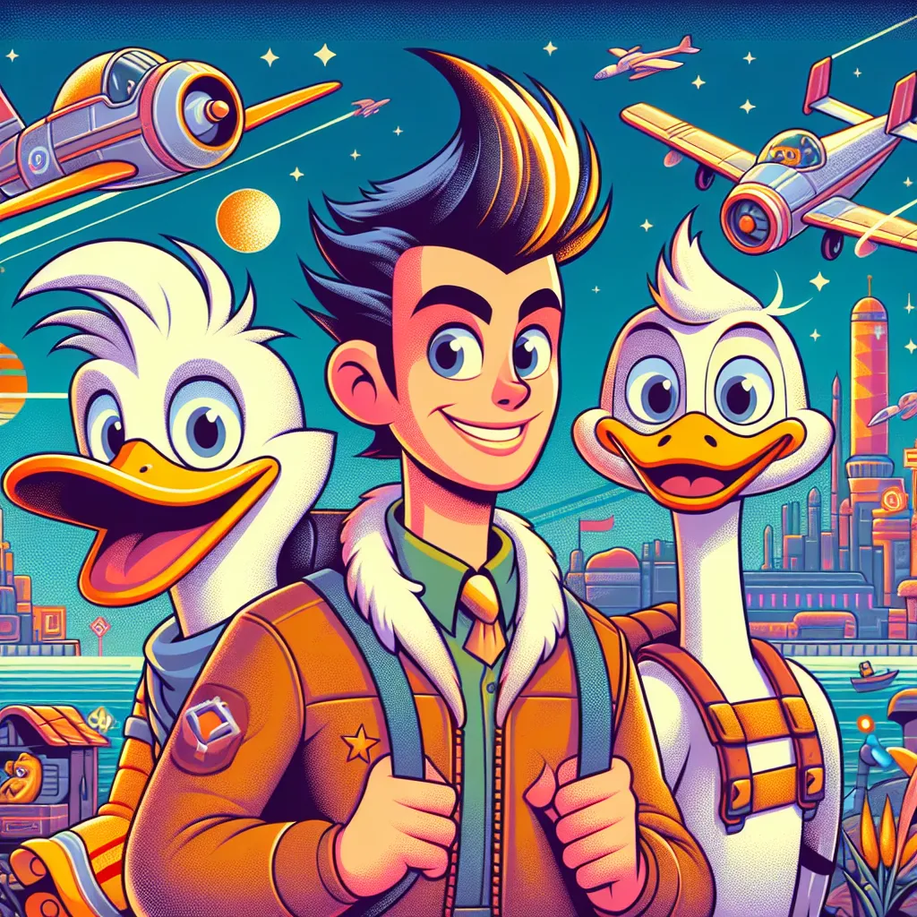 Illustration of Sora, Donald, and Goofy in a vibrant cityscape inspired by the Rocketeer world, with the iconic rocket pack and vintage aircraft in the background.