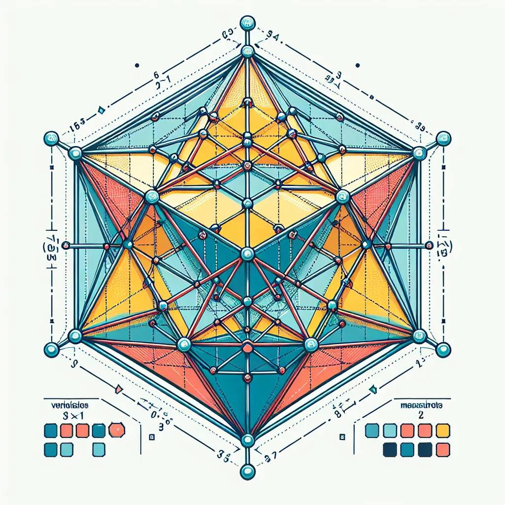 Illustration of a geometric polyhedron net with labeled edges, vertices, and face measurements in a clear and colorful design.