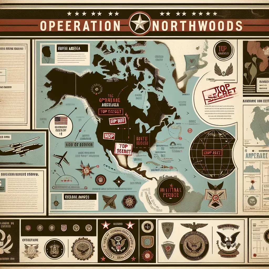 Infographic illustrating "Operation Northwoods," featuring a vintage-style map, military documents, and key symbols like a globe and military insignia.