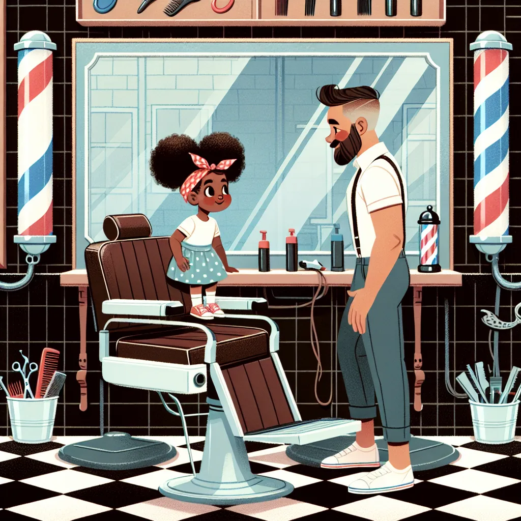 Illustration of a girl and her father sitting in a barber shop, with the girl looking surprised as she glances at her reflection in the mirror.