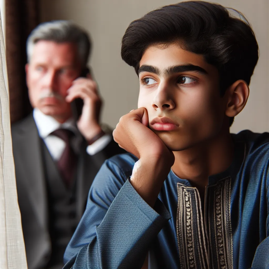 Imagen de un joven introspectivo y vestido de manera sencilla, mirando por la ventana con un semblante pensativo y triste, mientras un hombre adulto vestido de forma elegante y desatendido habla por teléfono en el fondo, ignorándolo completamente.