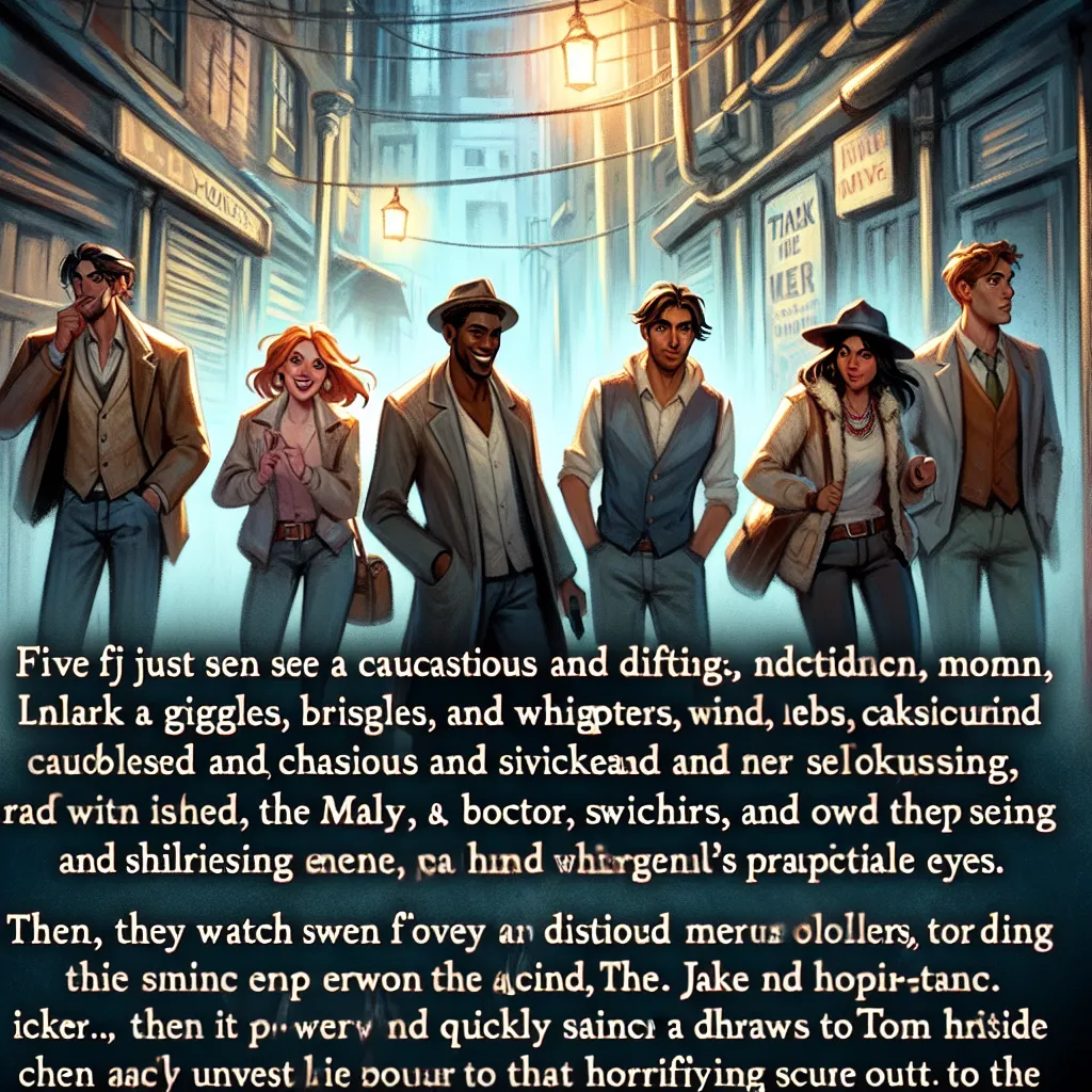 **Title: The Unlikely Witnesses**

**Scene: A dimly lit alleyway behind a bustling city marketplace.**

**Characters:**  
- **Lily** – adventurous and quick-witted  
- **Max** – the cautious one, always second-guessing  
- **Sophie** – the practical joker  
- **Jake and Tom** – the two men in the group  

---

**Lily:** (whispering) Did you see that? That doctor just dragged that guy like he’s a bag of groceries!

**Max:** (nervously) We're not going to follow him, are we? What if he’s a— 

**So