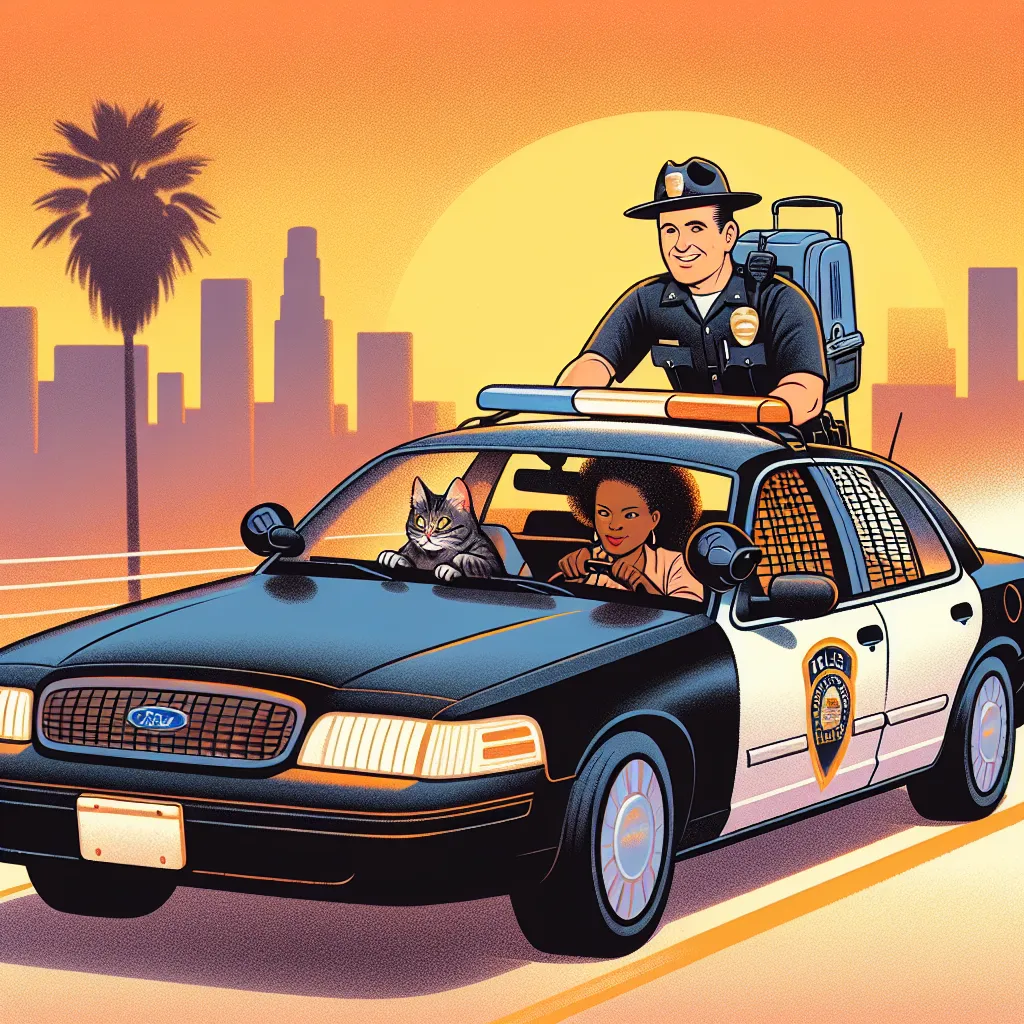 Illustration of a Los Angeles police officer and his partner speeding away in a black 2003 Ford Crown Victoria, with a carrier backpack containing two cats in the backseat, as the sun sets in the background.